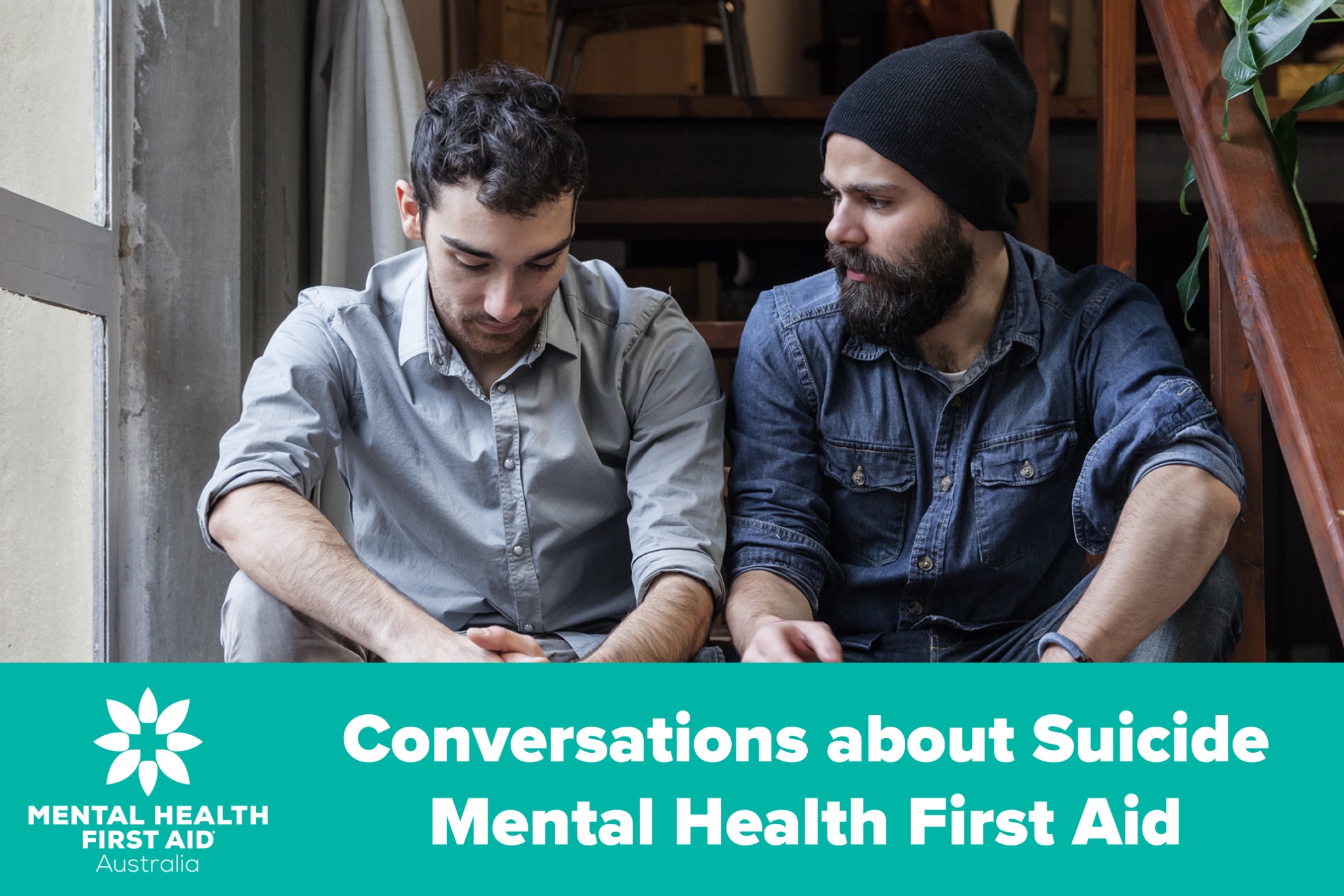 Mental Health First Aid Australia Conversations about Suicide course image showing one person supporting another