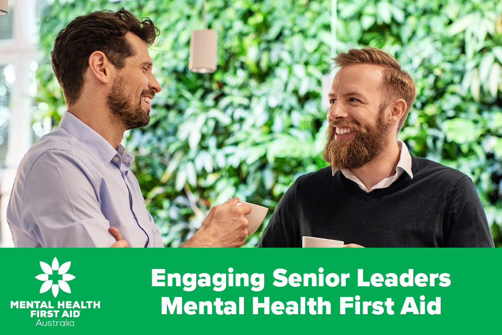 Mental Health First Aid Australia Engaging Senior Leaders course graphic showing two colleagues in conversation
